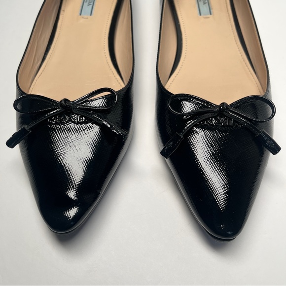 Prada Saffiano Leather Bow Logo Black Pointed Toe Flats - Picture 14 of 14